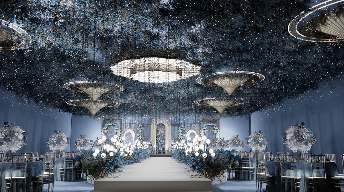 新乡婚宴开云中国设计-蔚蓝星空主题宴会厅装修设计方案
